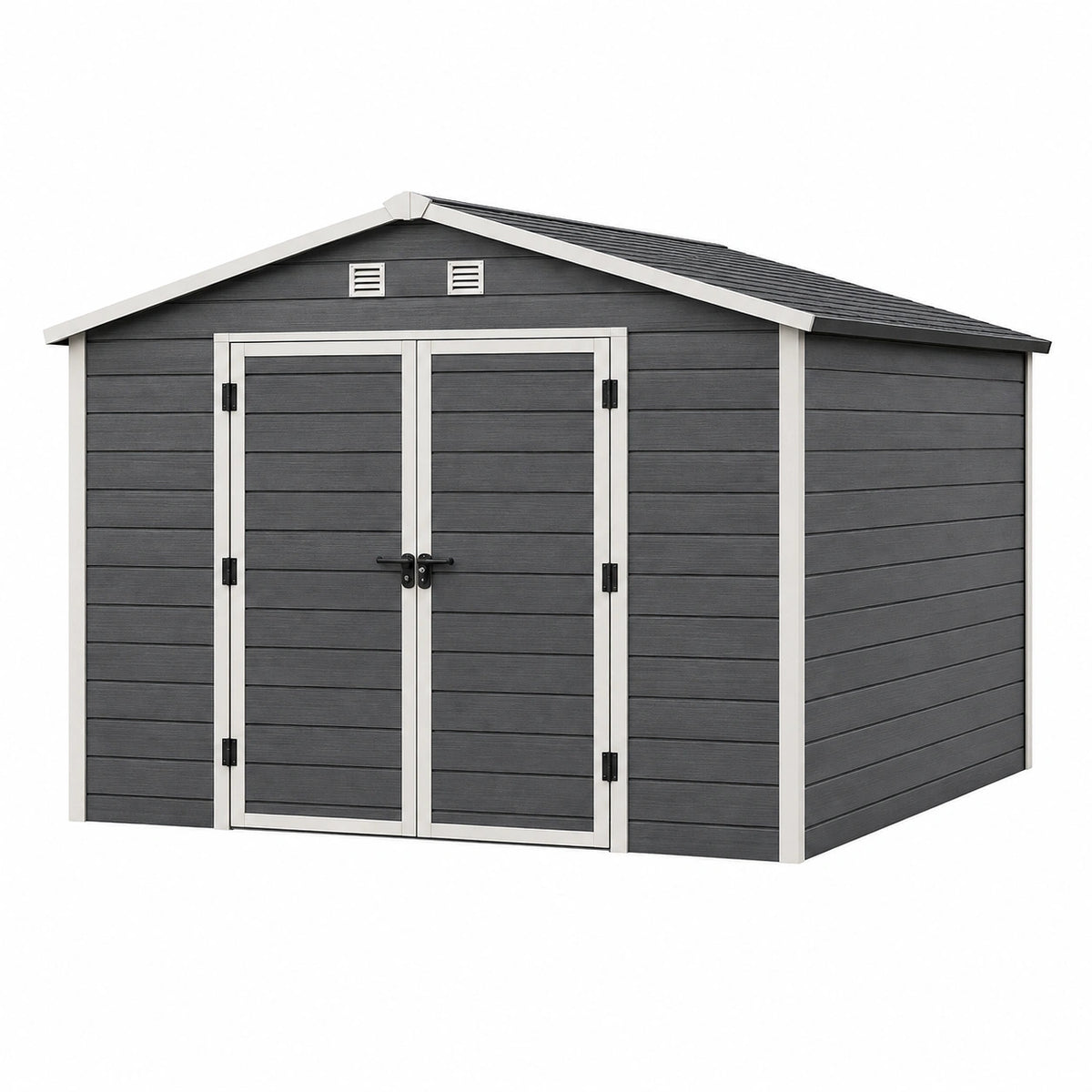 Abri de jardin 350 x 229 x 242 cm en résine gris anthracite - rangement extérieur à double porte