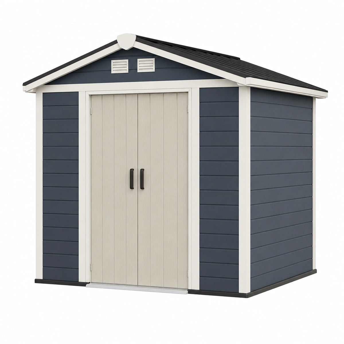 Abri de jardin 213 x 127 x 185 cm en résine bleu foncé et beige à portes doubles toit incliné