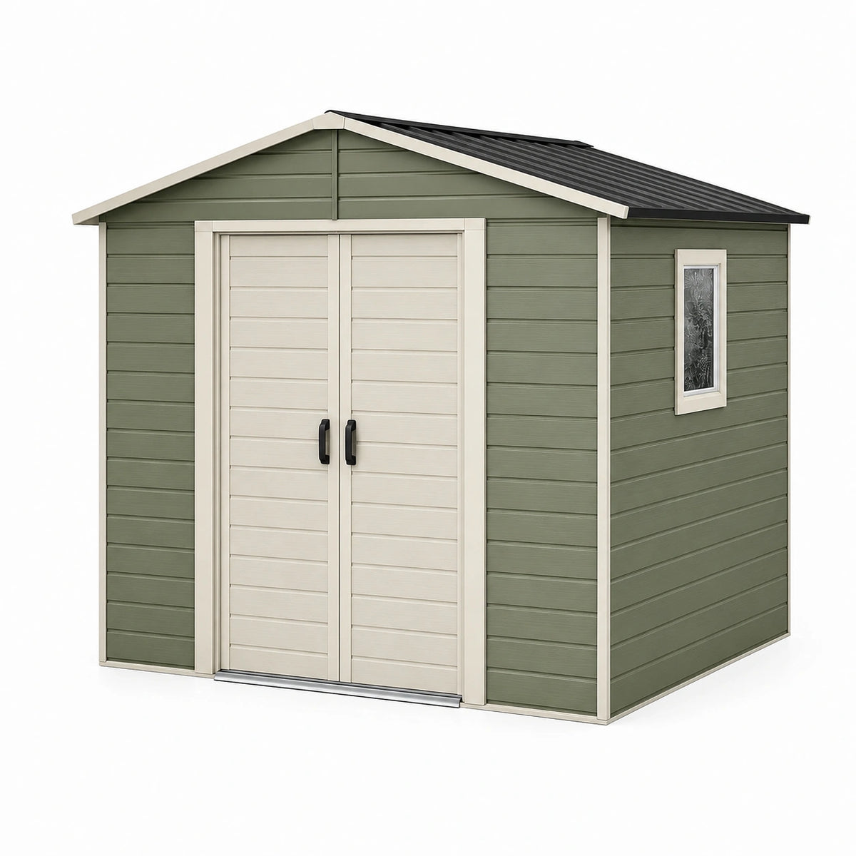 Abri de jardin 240 x 180 x 200 cm en résine vert sauge beige et noir avec double porte et fenêtre