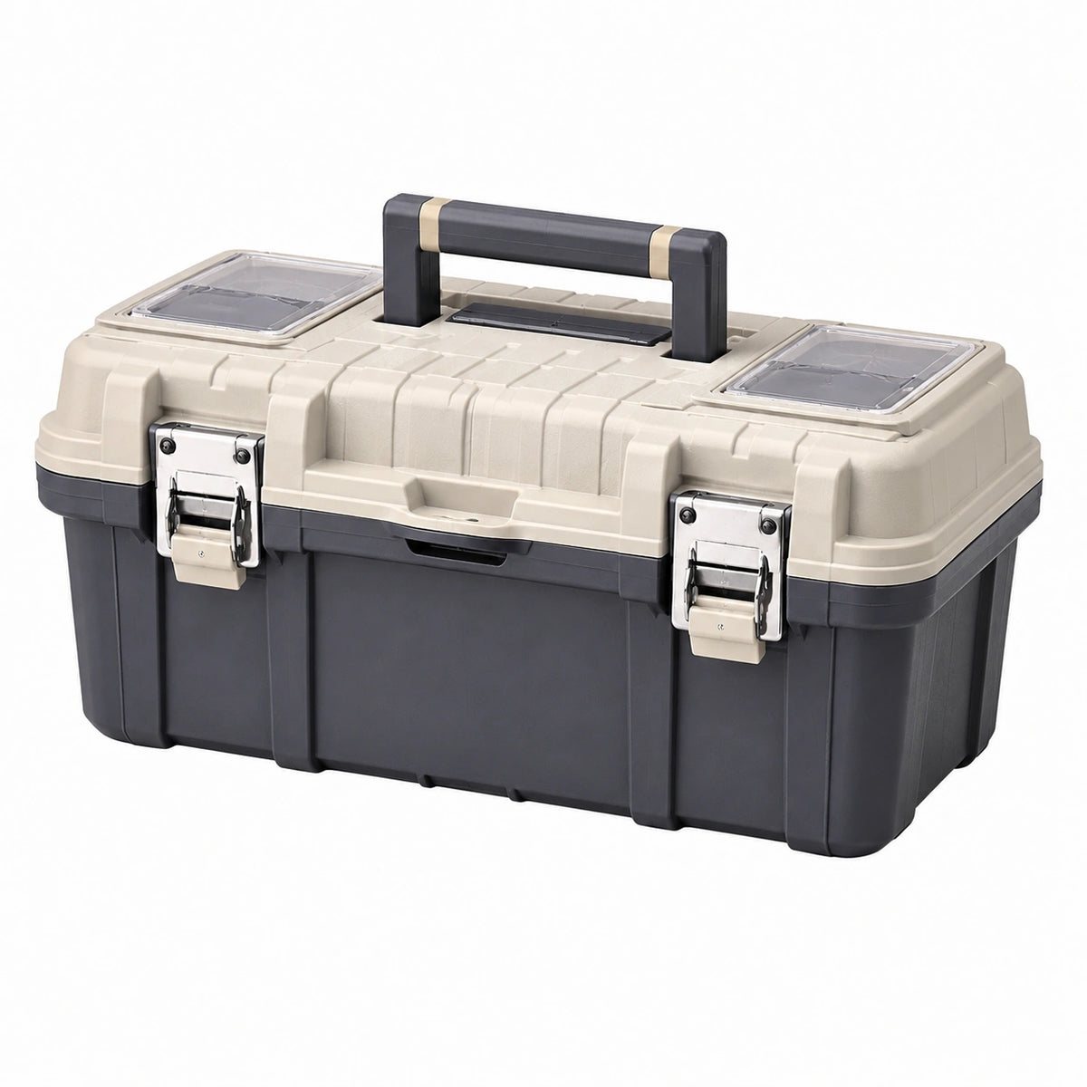 Coffre à outils 55 x 30 x 28 cm en plastique beige anthracite avec poignée et fermetures métalliques