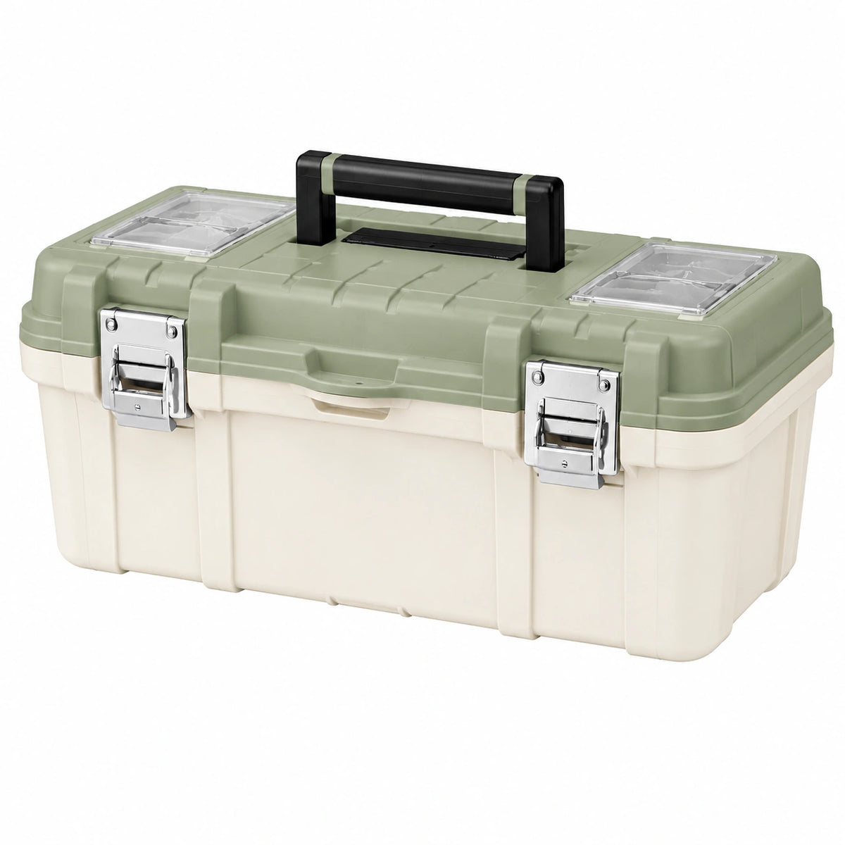 Boîte à outils 50 cm en plastique vert kaki et blanc avec poignée et compartiments