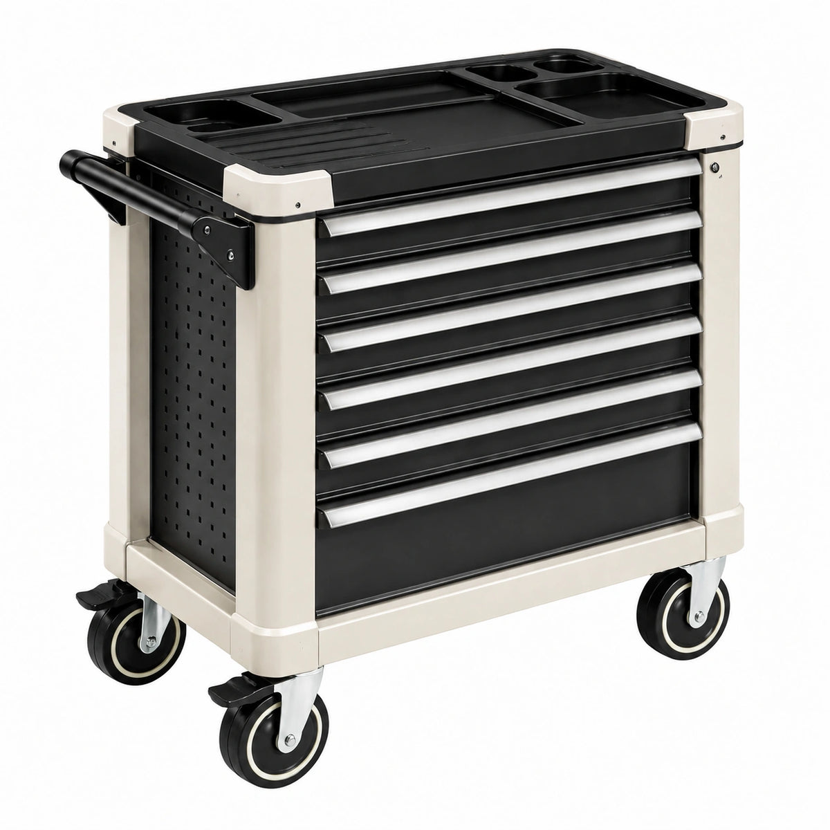 Servante d'atelier 80 x 45 x 95 cm en métal noir et beige à tiroirs sur roulettes