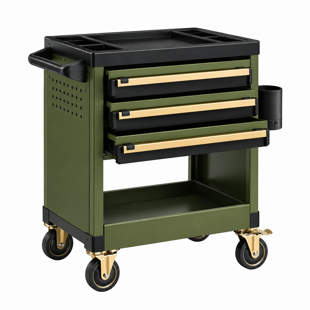 Chariot de rangement 70 x 45 x 85 cm en métal vert noir mobile avec 3 tiroirs
