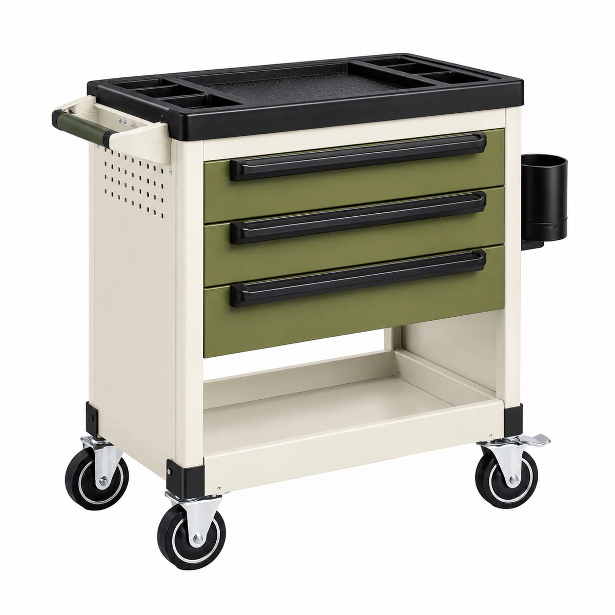 Chariot de rangement 80 x 50 x 95 cm en métal vert et beige à 3 tiroirs mobile
