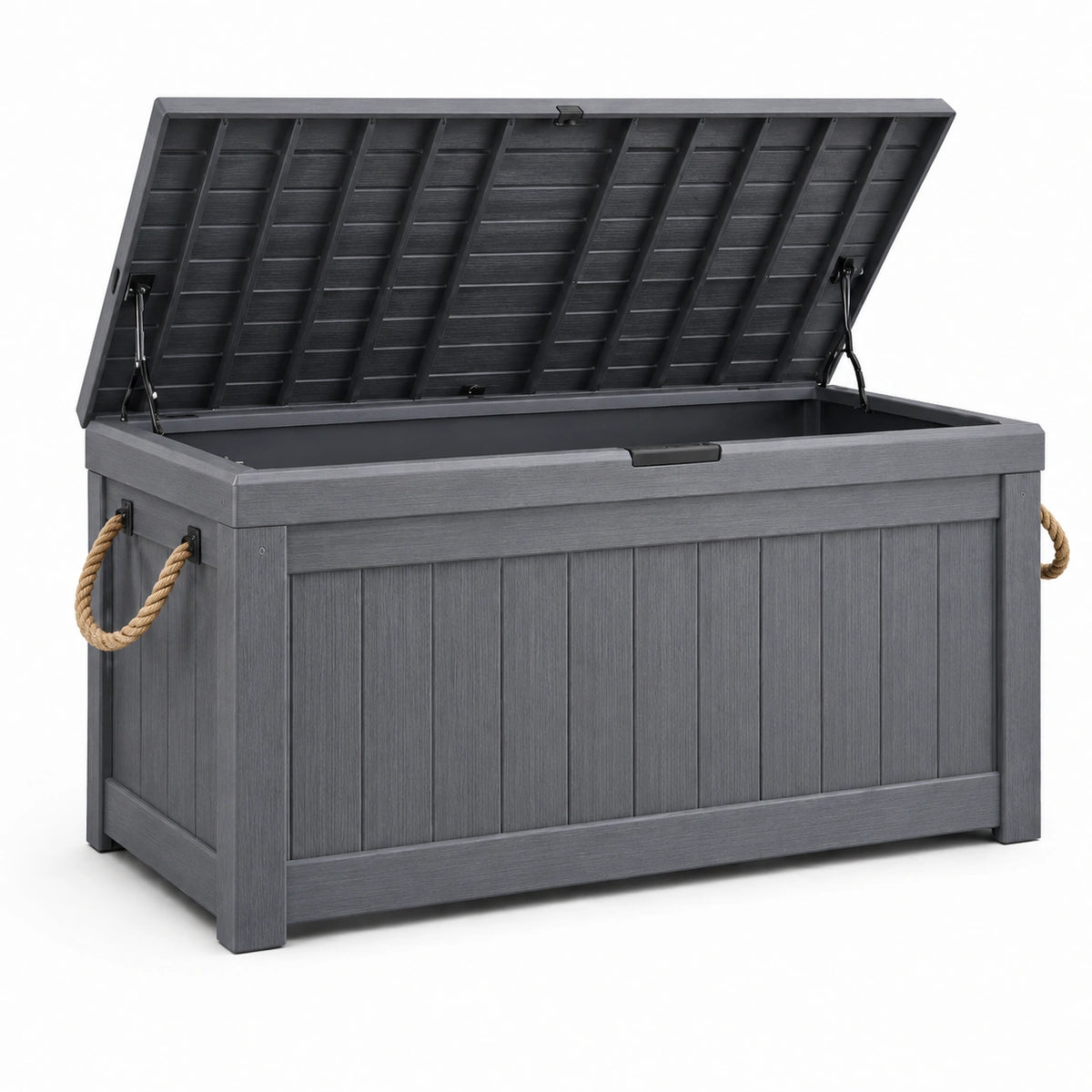 Coffre de rangement extérieur 120 x 55 x 63 cm en résine gris anthracite imitation bois à couvercle relevable
