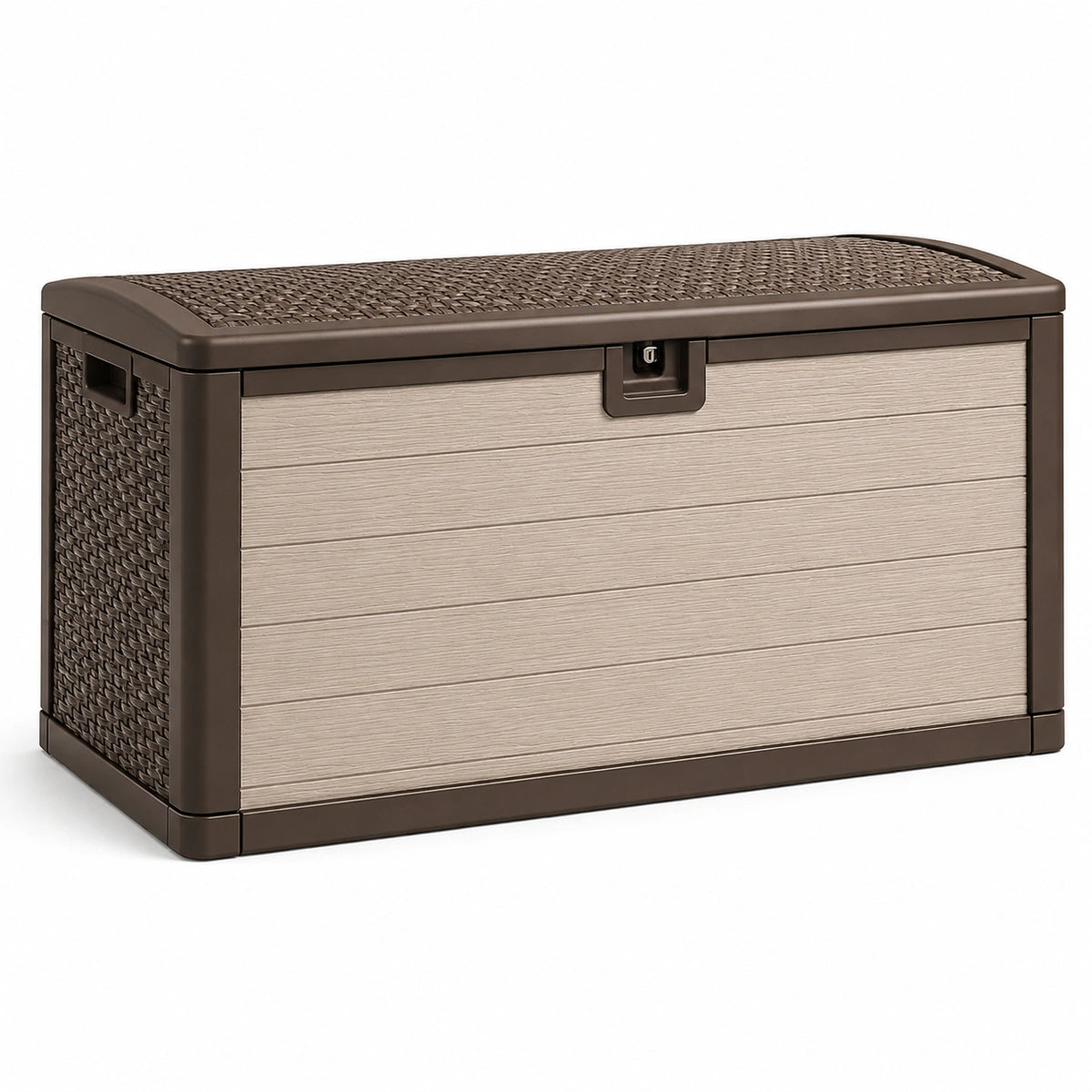 Coffre de rangement extérieur 120 x 60 x 60 cm en résine brun taupe avec couvercle verrouillable