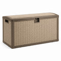 Coffre de rangement extérieur 120 x 50 x 60 cm en plastique taupe effet tressé avec couvercle