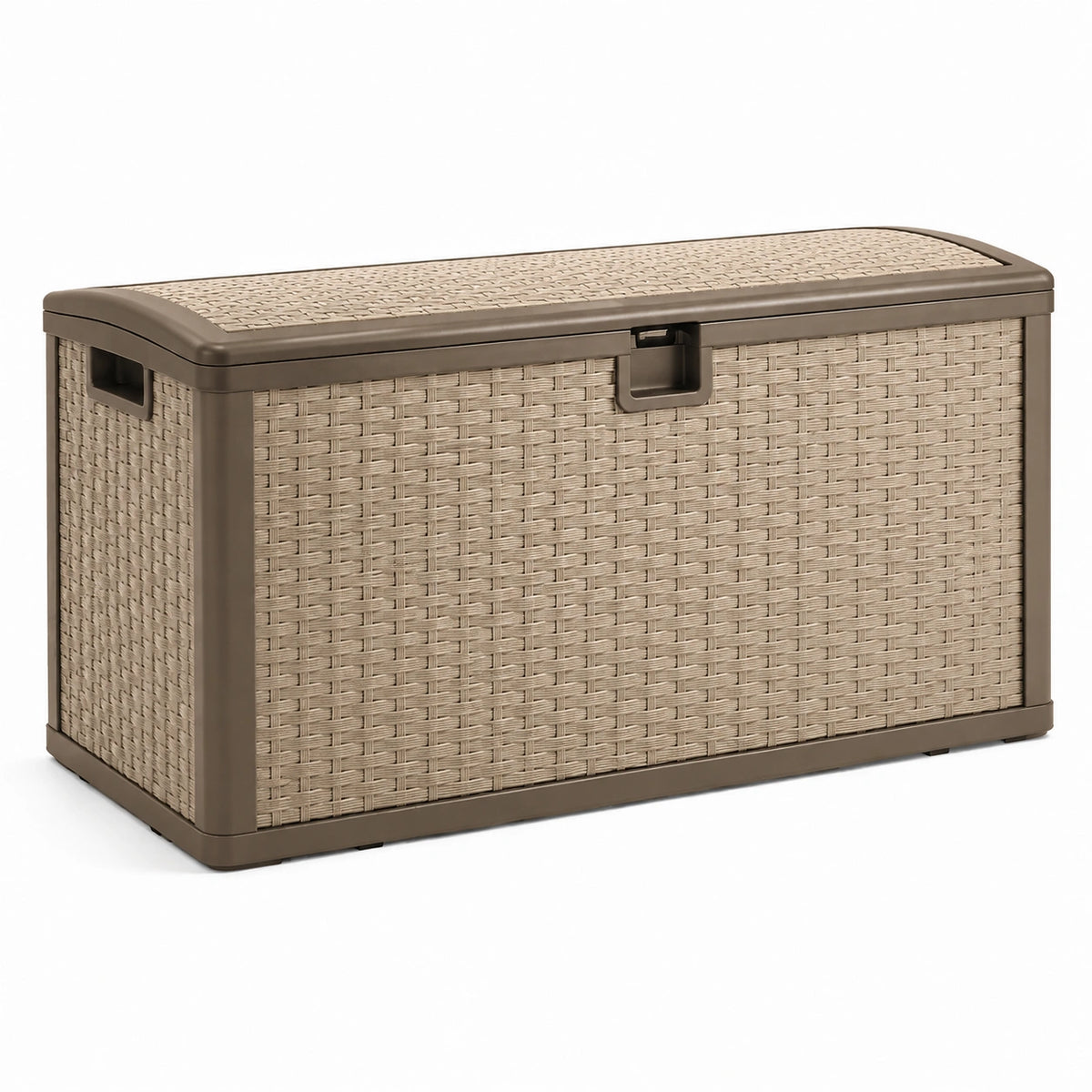 Coffre de rangement extérieur 120 x 50 x 60 cm en plastique taupe effet tressé avec couvercle