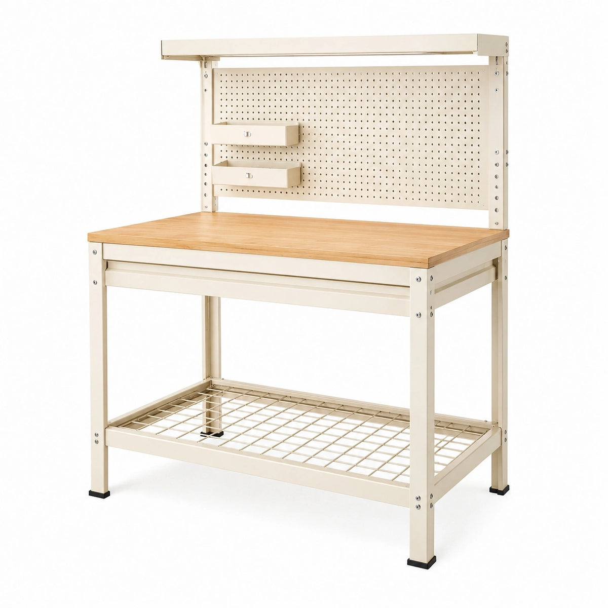 Établi d'atelier 120 x 60 x 150 cm en métal beige et plateau bois avec panneau perforé