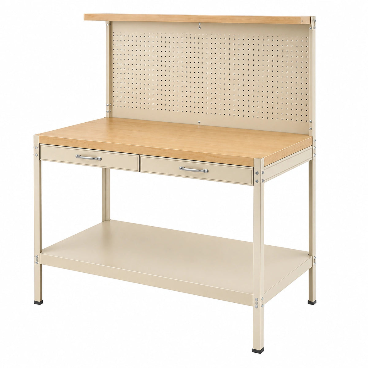 Établi d'atelier 120 x 60 x 180 cm en acier et bois beige avec panneau perforé et tiroirs