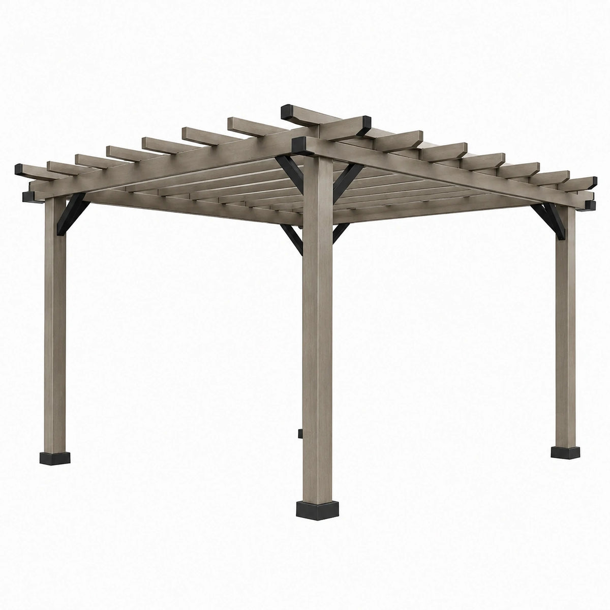 Pergola 300 x 300 cm en aluminium gris taupe pour terrasse à lames ajourées