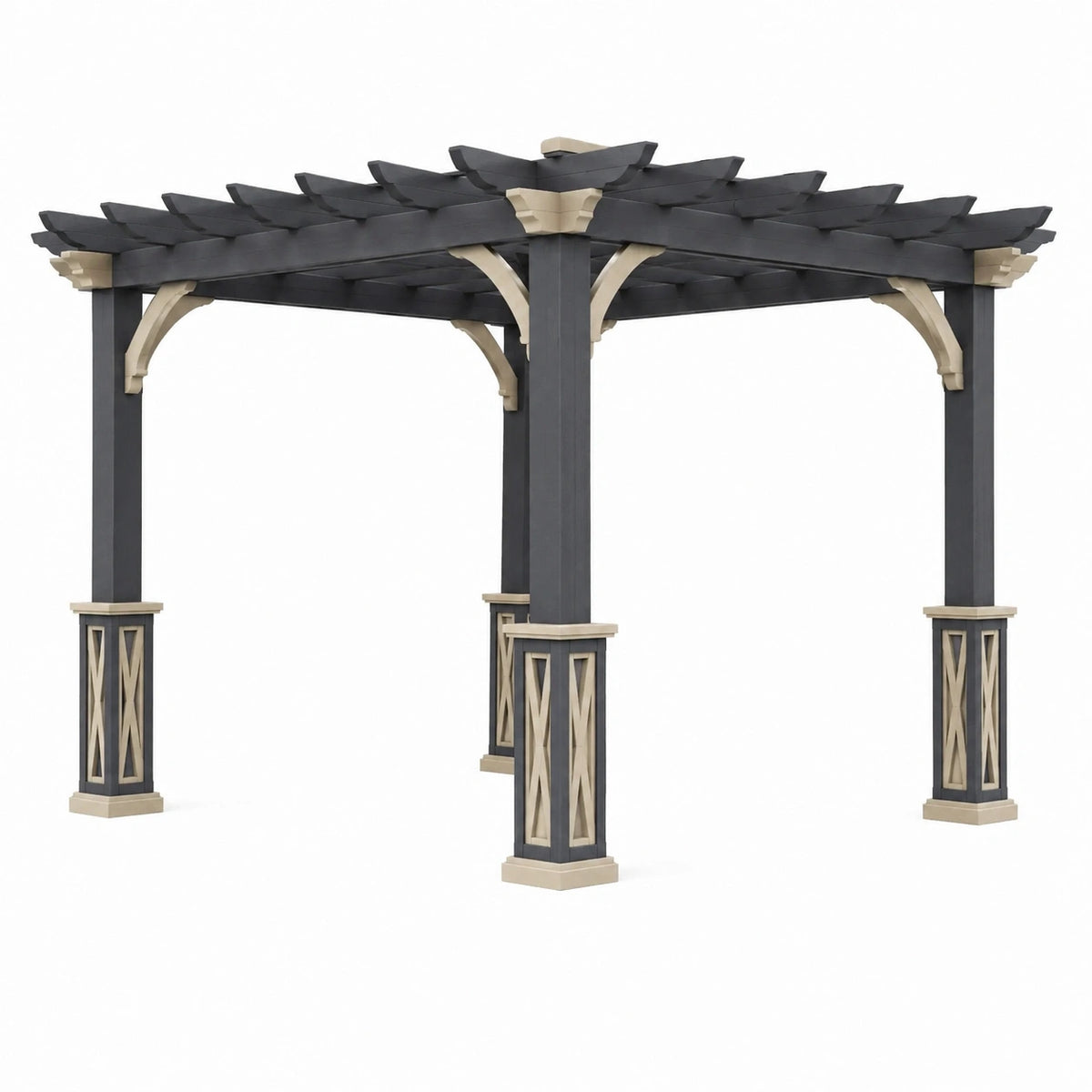 Pergola de jardin 300 x 300 x 250 cm en bois gris anthracite et beige avec toiture ajourée