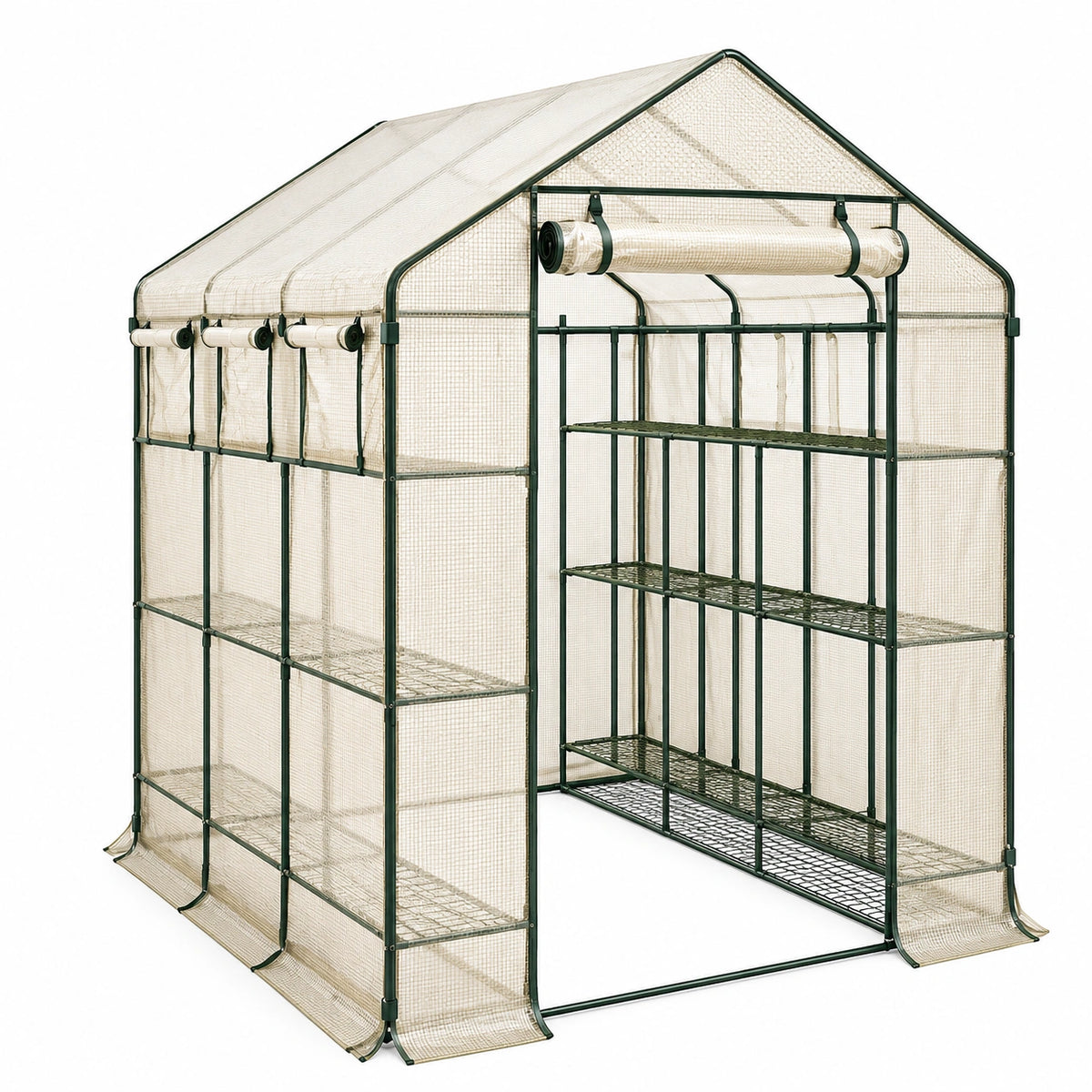 Serre de jardin 143 x 143 x 195 cm acier vert avec housse PE et étagères