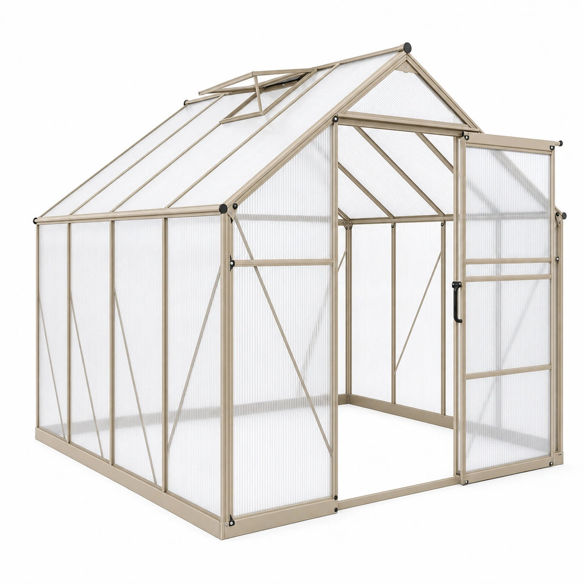 Serre de jardin 190 x 190 x 195 cm en aluminium et polycarbonate beige avec porte coulissante et lucarne de toit