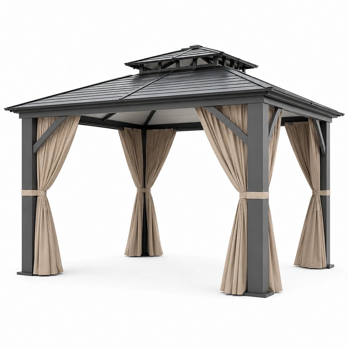 Tonnelle de jardin 300 x 300 cm en métal anthracite avec rideaux beiges toit rigide
