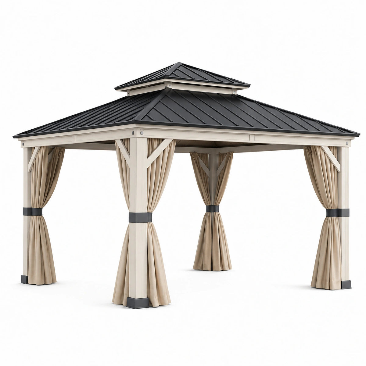 Tonnelle de jardin 300 x 300 cm en aluminium beige avec toit métallique noir et rideaux