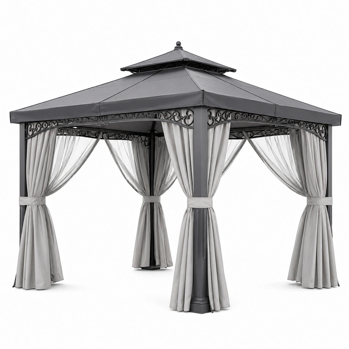 Tonnelle de jardin 300 x 300 x 290 cm métal gris avec rideaux style classique