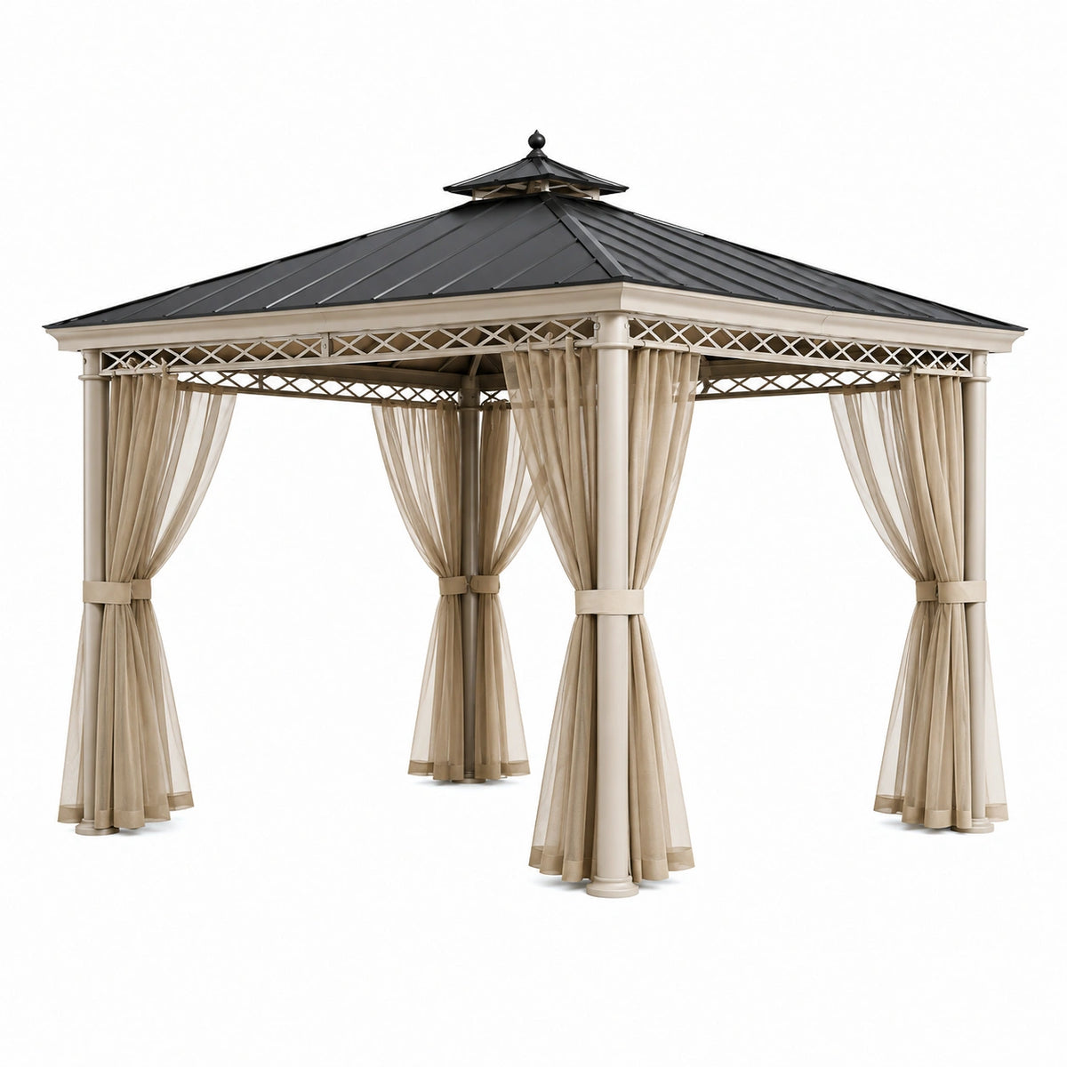 Tonnelle de jardin 300 x 300 cm acier beige noir avec rideaux style pavillon