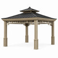Pavillon de jardin 300 x 300 cm en bois et métal beige noir - toit double ventilé style asiatique