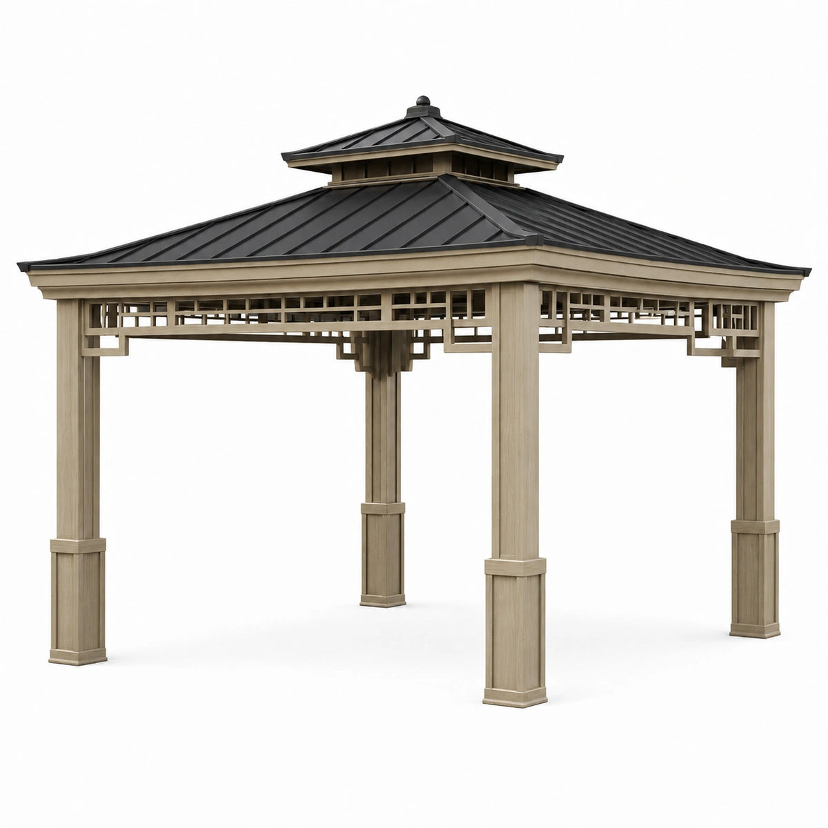 Pavillon de jardin 300 x 300 cm en bois et métal beige noir - toit double ventilé style asiatique