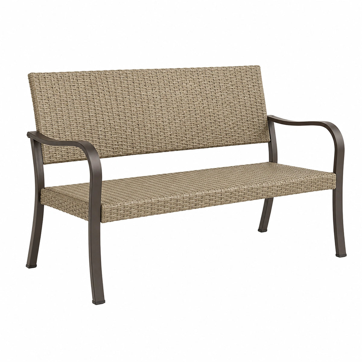 Banc de jardin 120 x 60 x 85 cm en résine tressée beige et acier marron avec accoudoirs